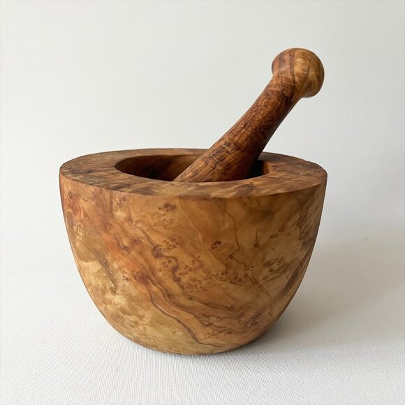 Rustic Olive Wood Mortar & Pestle 5" Diameter - Picture 1 of 7